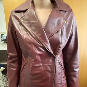 New with tags, women’s, burgundy, asymmetrical leather jacket, size small